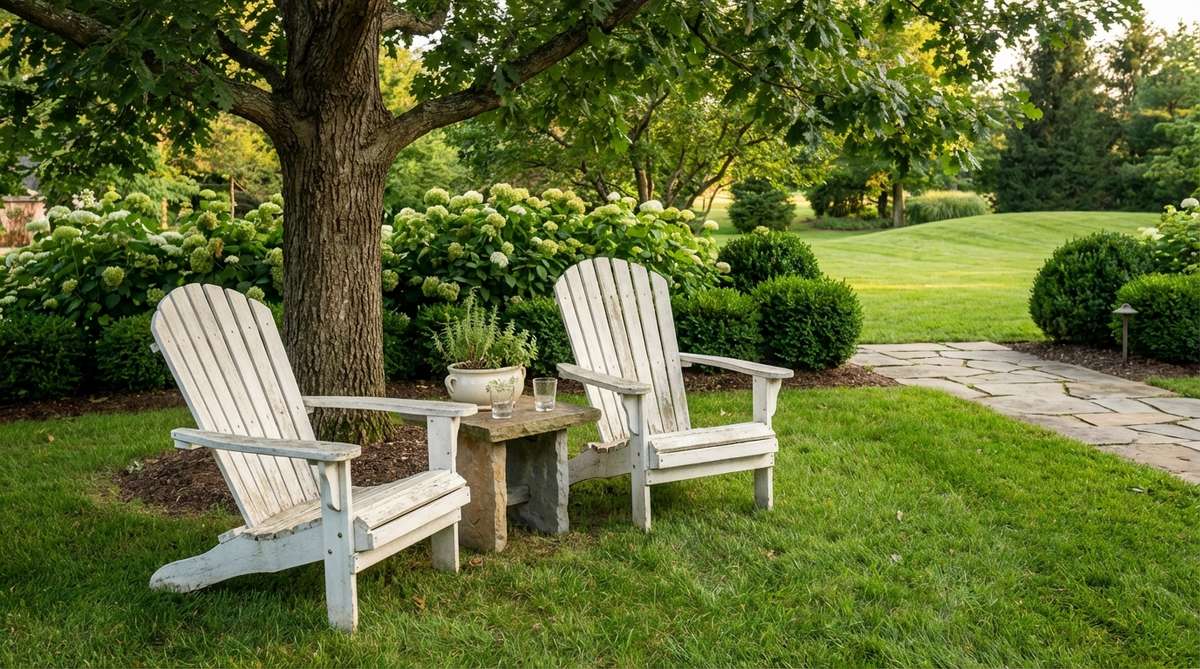 Two classic Adirondack chairs positioned at a 45-degree angle in a garden, creating an intimate conversation area with a small side table between them. This angled arrangement provides optimal views of the garden while maintaining a cozy, unboxed feel.