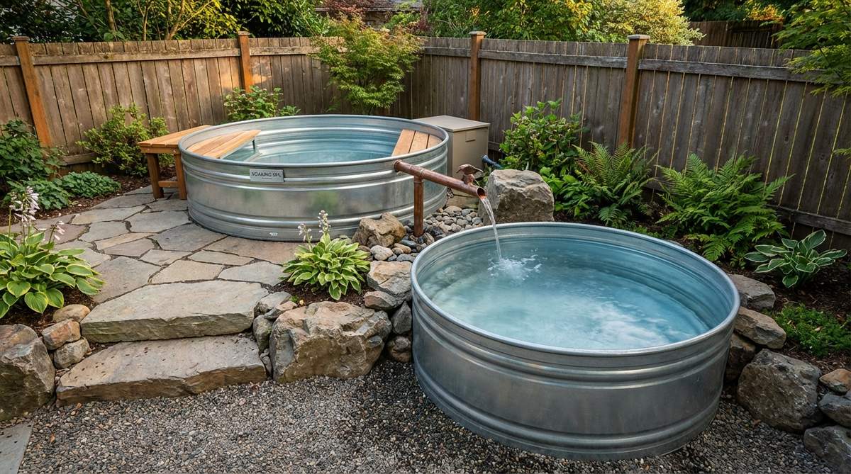 A cascading water feature created by connecting two stock tanks at different elevations in a small garden, with the upper tank serving as a spa or soaking zone and the lower tank as a plunge pool, featuring a spillway or decorative copper pipe for soothing water sounds, powered by a single pump and filtration system.