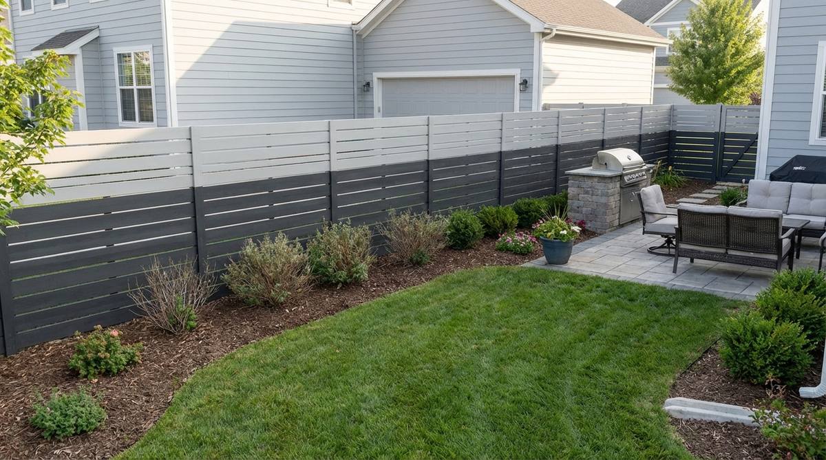 A two-tone horizontal slat fence with charcoal lower sections and light gray upper thirds, designed to add visual rhythm and break monotony in garden decor. The darker shade is applied to the lower 4 feet for durability against soil splash and mower impact, while lighter tones above reduce heat absorption and create an airier feel. This fence coordinates with exterior trim and garage doors for cohesive curb appeal, suitable for vinyl, composite, and painted wood installations.