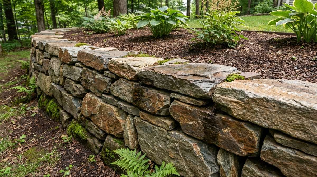 A close-up photo showing the natural stacked pattern of Vermont ledgestone used as a garden border. The image highlights the flat planes and varied earth tones of the stones, demonstrating the classic one-over-two stacking technique with stones angled slightly backward for stability. Perfect for creating raised bed perimeters with visual warmth in shaded garden areas.