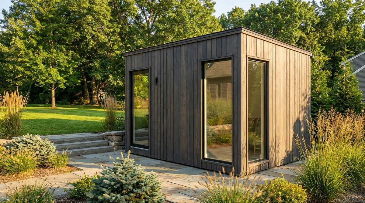 A contemporary garden shed featuring vertical tongue-and-groove cladding in charcoal stain, with asymmetrically placed full-drop windows. The vertical orientation creates strong visual lines that enhance height and improve water drainage.