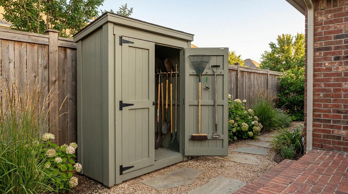 A tall and narrow vertical locker shed, measuring approximately 2x4 feet with a height of six to seven feet, designed for small gardens. It efficiently stores long-handled tools like rakes, shovels, and brooms using internal hooks at varying heights, fitting along fence lines or between structures to save space.