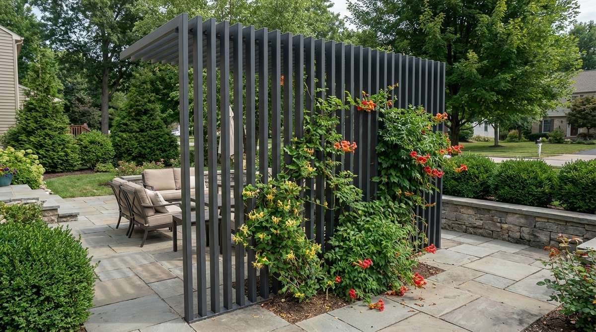A modern garden trellis featuring vertical charcoal steel slats spaced at regular intervals, creating rhythm and movement while offering partial privacy and wind protection. The linear design emphasizes height, making small gardens feel more expansive, with vigorous climbers like honeysuckle or trumpet vine weaving between the slats to create a living screen that softens the industrial material while maintaining a structured aesthetic.