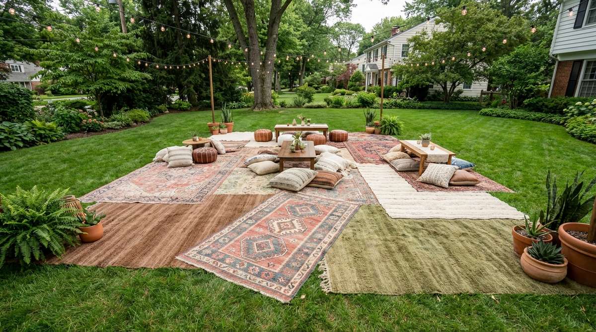 A bohemian party decoration setup featuring layered vintage area rugs with overlapping patterns, including Persian-style, geometric tribal prints, and solid earth tones, arranged on grass to create visual complexity and comfort.