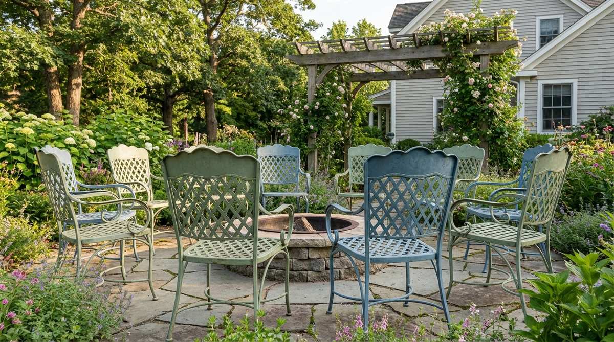 Wrought iron garden chairs with scalloped backs and diamond lattice patterns, painted in soft vintage colors like sage green or dusty blue, arranged in flexible seating configurations in an outdoor garden setting.