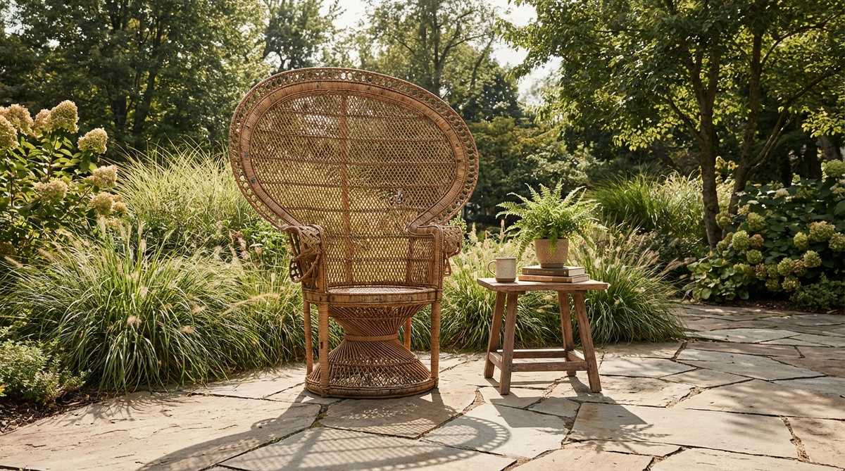 A vintage peacock chair with a distinctive fan-shaped back, made of woven rattan, placed in a bohemian garden as a statement seating piece. It creates sculptural drama and intricate shadow patterns in natural light, ideal for a reading nook with a side table, showcasing natural rattan that develops a rich patina over time.