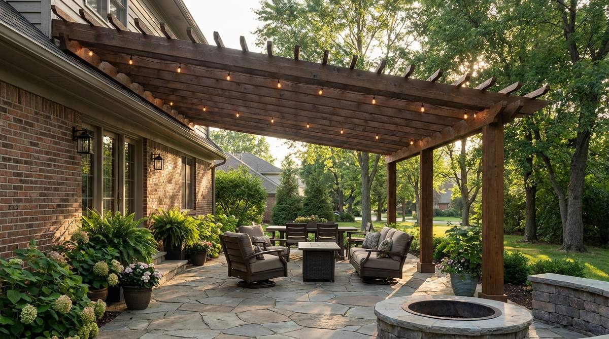 A wall-attached lean-to pergola anchored to a house wall with a ledger board, showing rafters extending outward supported by freestanding posts over a patio. This configuration demonstrates seamless indoor-outdoor transition with wind protection and integrated lighting.