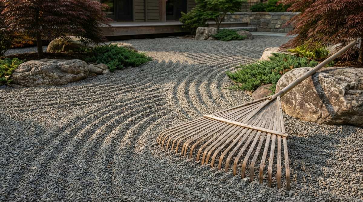 A wide-tine bamboo rake used in Zen gardens, featuring tines spaced 25-30mm apart to create bold, dramatic patterns in coarse gravel. Ideal for larger outdoor installations, this rake produces pronounced peaks and valleys that catch light and shadow throughout the day, adding visual interest when viewed from distances or elevated positions.