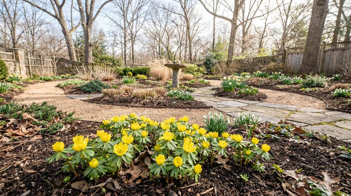 A close-up image of Winter Aconite (Eranthis hyemalis) with bright buttercup-yellow flowers and ruffled green collars, blooming early in late winter or early spring, often in dappled shade under trees.