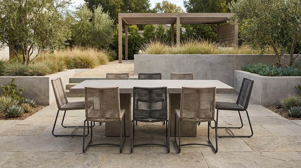 A minimalist garden setting featuring woven rope dining chairs with weather-resistant synthetic fibers on sleek metal frames, showcasing taupe and charcoal tones that complement stone and concrete hardscaping for a sophisticated, textured look.