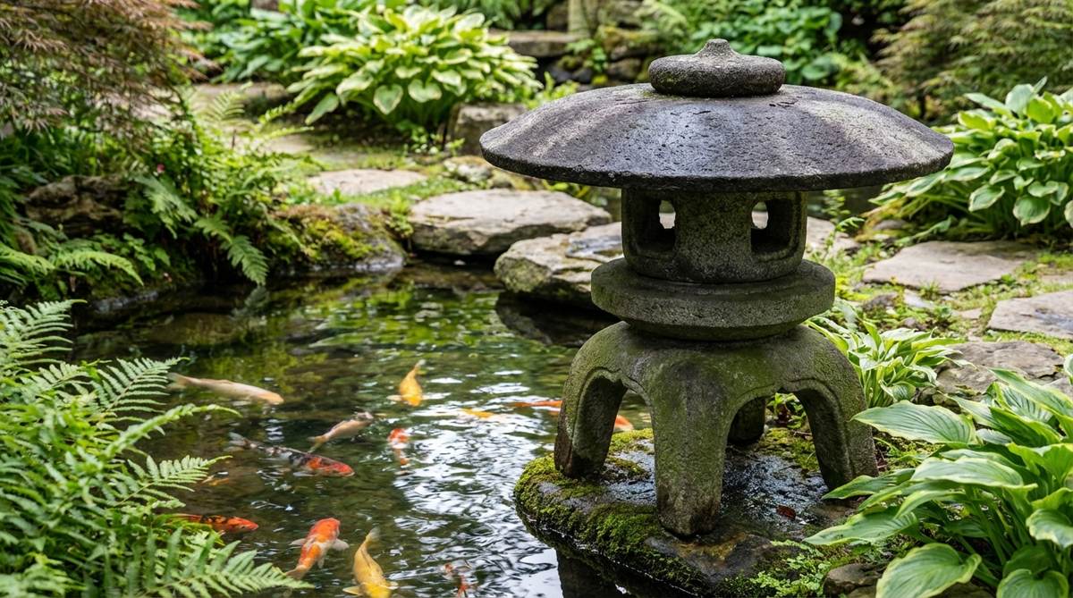 A low, squat Yukimi-doro snow-viewing lantern with a wide flat cap, designed to collect and display snow. It features three or four curved legs elevating the light chamber just above ground, providing intimate illumination near a koi pond or stream margin. The granite surface shows natural weathering to charcoal grey, enhancing its authentic aesthetic in a humid climate.