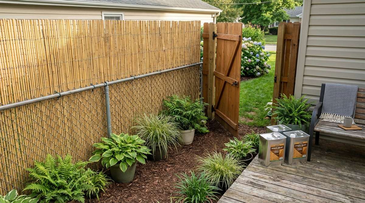 A natural bamboo roll fencing installed over an existing chain-link fence in a small garden backyard, showcasing its quick installation, organic texture, and tropical aesthetics at a budget-friendly cost. The image highlights the use of zip ties or wire for attachment and the application of exterior sealant to extend its lifespan in wet climates.