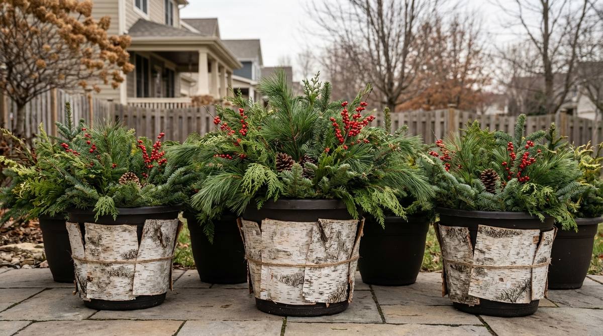 A close-up photo showing birch bark panels wrapped around plastic planters to create natural Christmas containers. The white bark provides winter-appropriate color while evergreen arrangements and berry accents fill the transformed planters, demonstrating how to elevate basic vessels into designer outdoor decor elements.