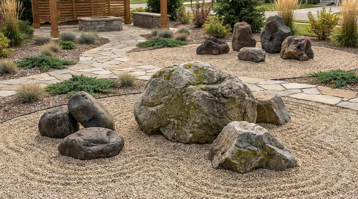A gravel garden scene showing Japanese-inspired boulder grouping arrangements with stones placed in odd numbers (3, 5, 7) at varying heights and orientations. The largest boulder serves as the primary element with supporting stones positioned in relation to it, creating visual balance without symmetry. The surrounding gravel space is equally important to the stone placement, demonstrating traditional design principles.