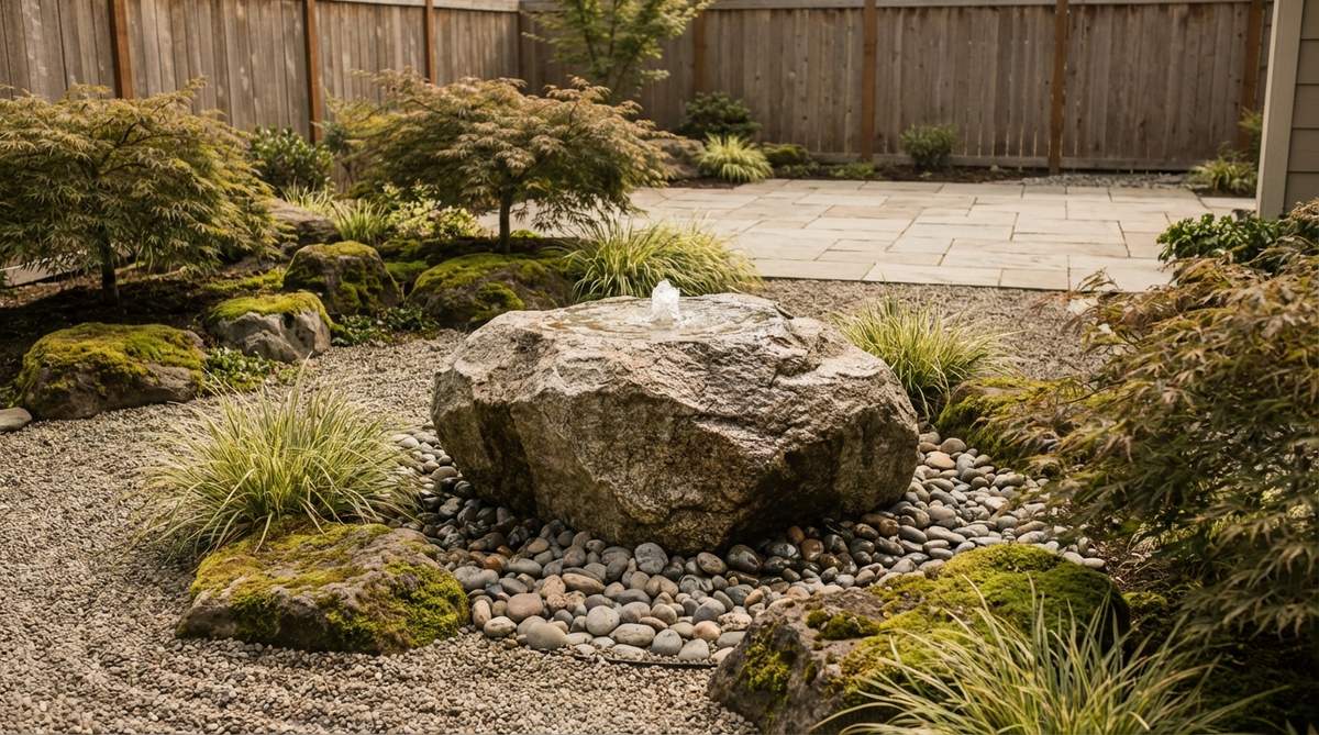 A minimalist bubbling rock fountain in a zen garden, featuring water emerging from a natural boulder to provide subtle movement and sound, with reservoir and pump systems buried for a naturalistic appearance.