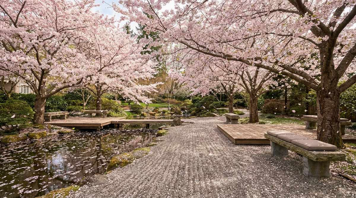 A serene Japanese garden scene featuring ornamental cherry trees in full spring bloom, with viewing platforms and benches positioned to appreciate the fleeting beauty of the flowers. The image captures the essence of mono no aware, highlighting the poignancy of transience as petals fall like pink snow, emphasizing the importance of appreciating the present moment in garden design.