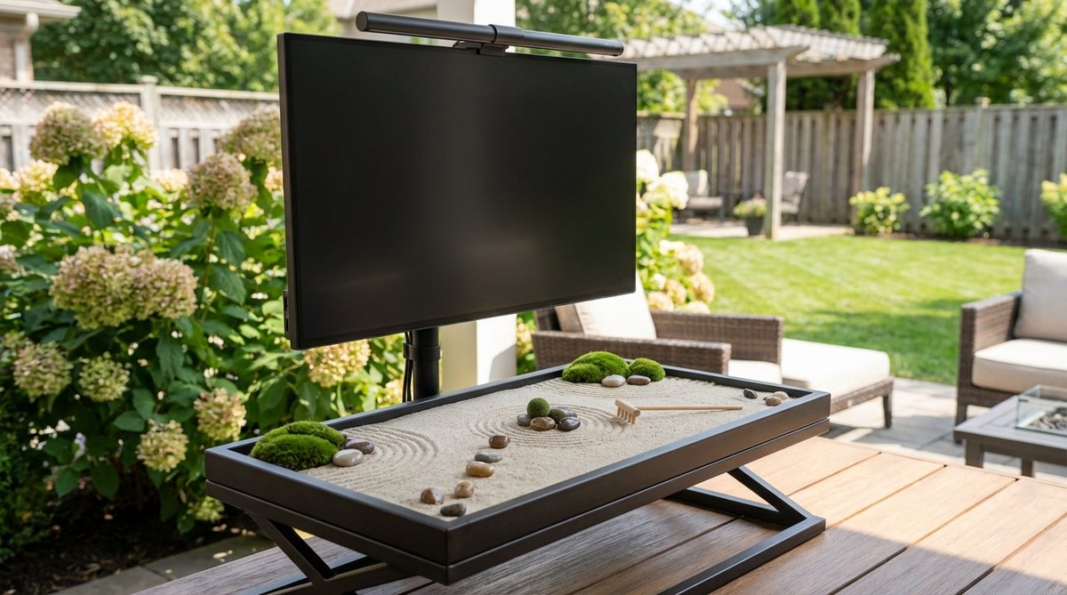 A clip-on monitor garden featuring a shallow tray attached to a computer monitor base, designed for zen miniature gardens. This setup provides an eye-level visual focal point during breaks, helping to interrupt screen time and protect the sand from spills.