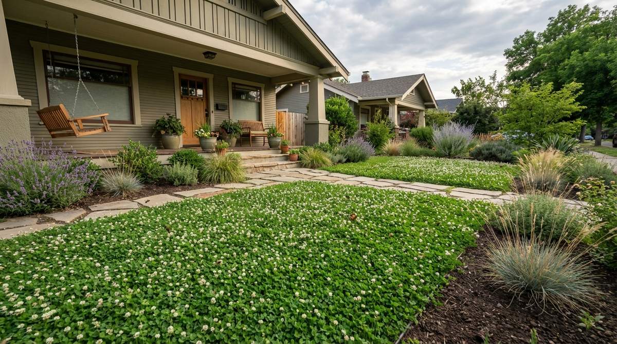 A lush green clover lawn alternative in a front yard garden design, showcasing soft-textured micro-clover with small white flowers that attract pollinators. This sustainable landscaping option requires less water, no fertilization, and minimal mowing while maintaining visual appeal and functionality.