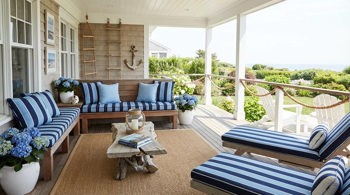 A coastal-themed porch featuring crisp combinations of navy, sky blue, and white with stripe patterns on cushions and nautical accessories. Natural materials like rope, driftwood, and sisal add authentic coastal layering, complemented by white planters filled with blue hydrangeas for living color echoes.