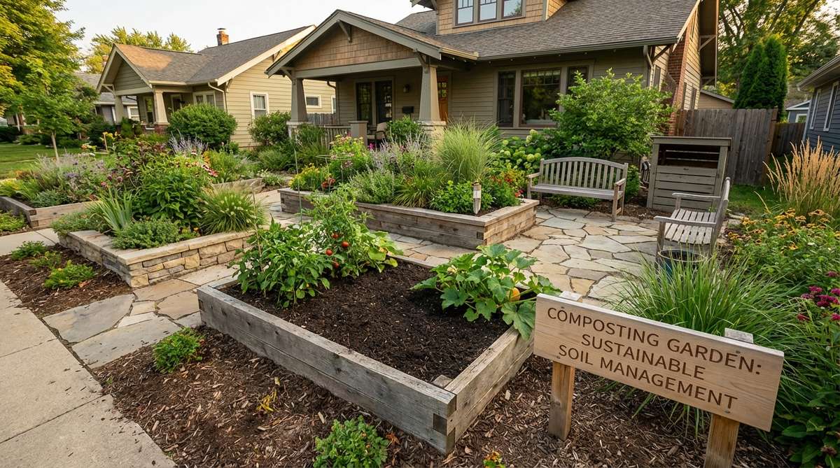A modern front yard garden featuring composting planting beds with 6 to 12 inches of finished compost over native soil, supporting robust plant growth and carbon sequestration. The image shows healthy plants thriving in fertile soil, illustrating the benefits of organic matter for water retention and microbial activity, with a focus on sustainable gardening practices that reduce synthetic fertilizer use and promote natural pest control.