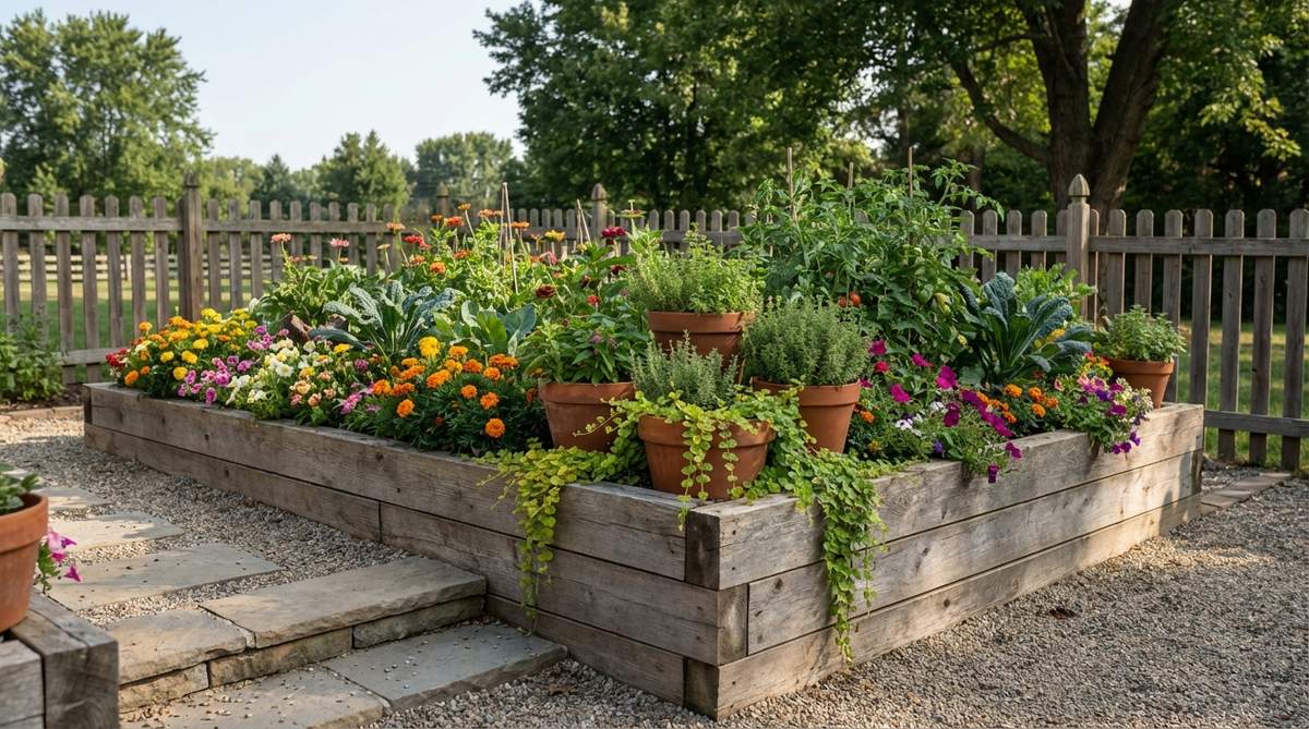 A curated display garden featuring a raised bed with decorative pots among vegetables and flowers, adding height and texture for flexibility and layered structure in small gardens.