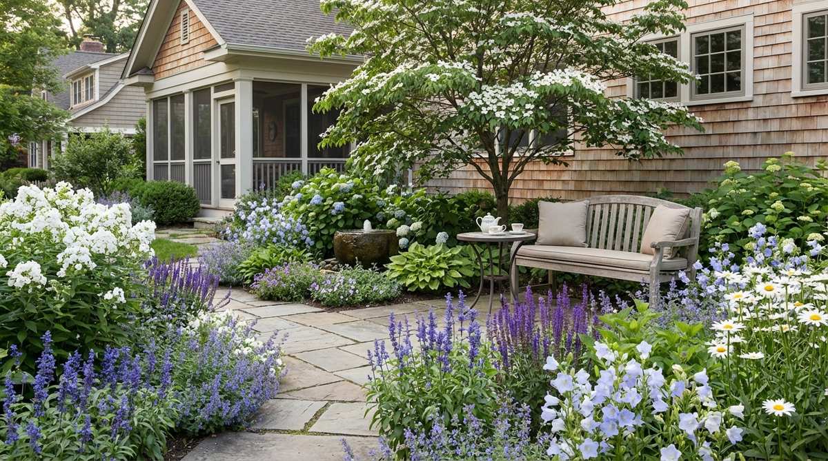 A serene cottage garden featuring salvias, veronicas, and campanulas in calming blue and purple tones, with white flowers interspersed for brightness. This cool color scheme creates a peaceful atmosphere ideal for seating areas or meditation spaces, making small gardens appear more spacious.