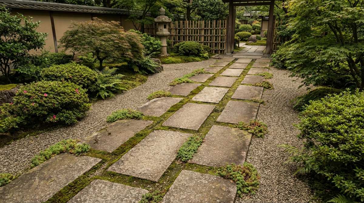 A formal stone corridor in a Japanese garden, featuring parallel rows of stones that create a linear path connecting distinct garden areas. The design emphasizes directional flow and transition between zones, with moss or low ground cover softening the edges while maintaining clear circulation. This arrangement adheres to Japanese aesthetic principles, ideal for gardens with multiple areas requiring structured connection.