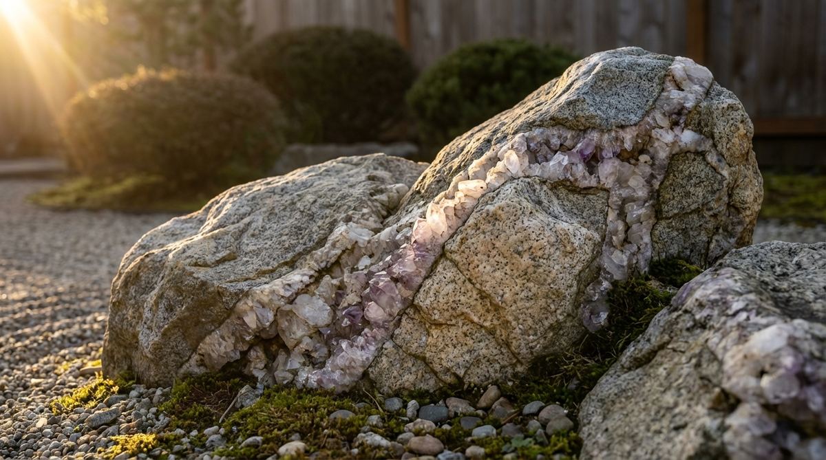 A close-up photograph of zen garden boulders featuring visible crystal formations and distinctive mineral striations, with morning side lighting illuminating the internal geological structure to create visual interest and add unexpected color and sparkle to the monochromatic garden scheme.