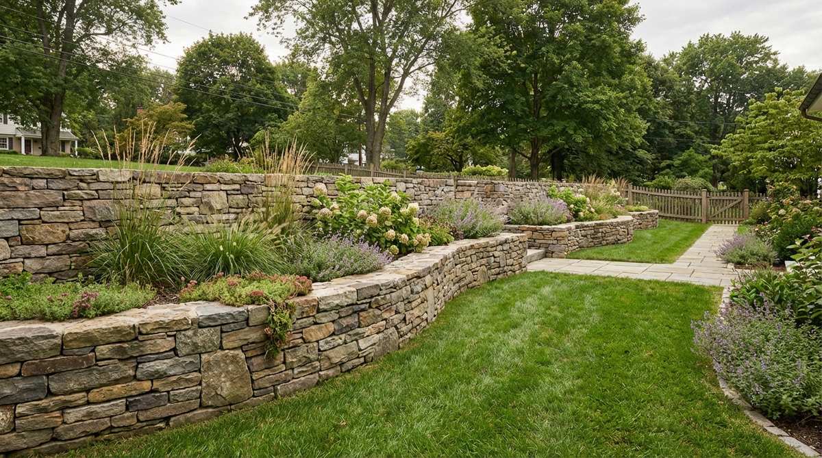 A sweeping curved stone wall in a garden, built with smaller stones to follow organic contours and create planting alcoves, softening rigid property boundaries with fluid geometry and spatial variety.