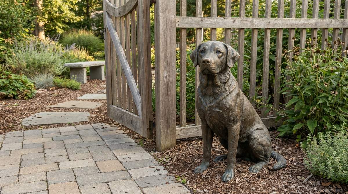 A detailed garden sculpture of a loyal dog sitting attentively, perfect for conveying faithfulness and companionship in outdoor decor. Available in various breed-specific versions like Labradors and terriers to personalize your garden space. Ideal placement near entrances, gates, or benches to enhance the guardian role, with memorial garden applications to honor departed pets.