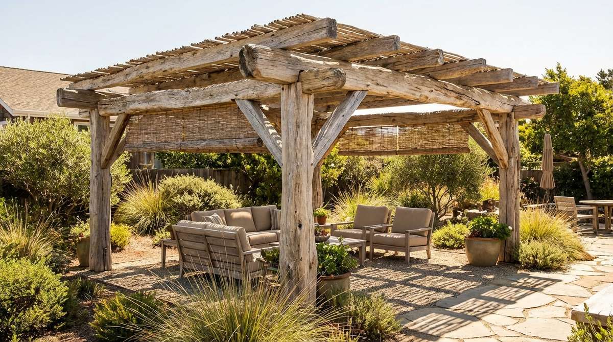 A rustic driftwood shade arbor constructed from substantial timbers, showcasing weathered wood tones and sculptural forms for organic coastal authenticity in outdoor decor. The arbor features irregular forms that cast interesting shadow patterns, with options for partial shade or increased sun protection using woven reed panels.