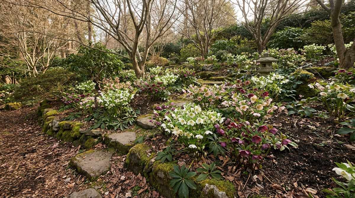 A cluster of Lenten roses (hellebores) blooming in early spring in a Japanese garden setting. The nodding flowers in white, pink, or burgundy colors emerge in February and March when most other plants are still dormant, signaling the retreat of winter. Planted beneath deciduous trees where they receive winter sun and summer shade, these hellebores form naturalized drifts that become more authentic-looking over decades.
