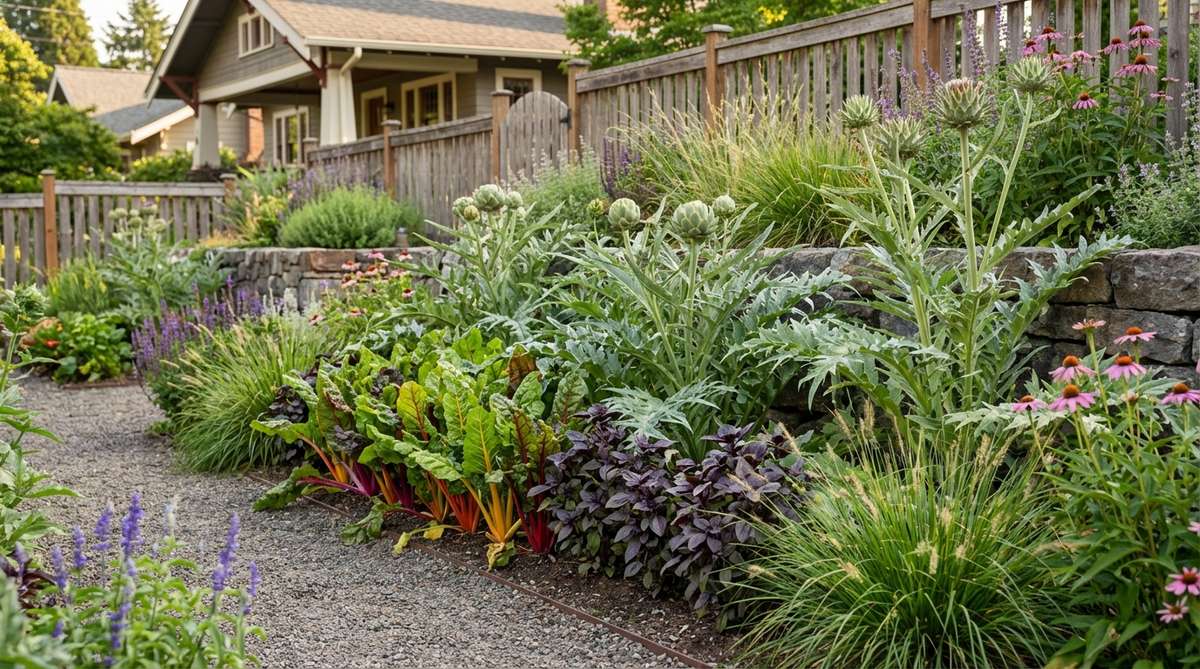 A small garden border showcasing the integration of edible and ornamental plants, featuring rainbow chard, purple basil, artichokes, and cardoons with attractive foliage and architectural structure.