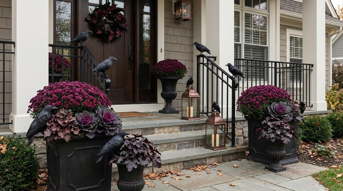 A sophisticated Halloween entry featuring black raven figures perched on planters, lanterns, and railings, paired with deep purple or burgundy flowers for a refined and moody outdoor decor theme.