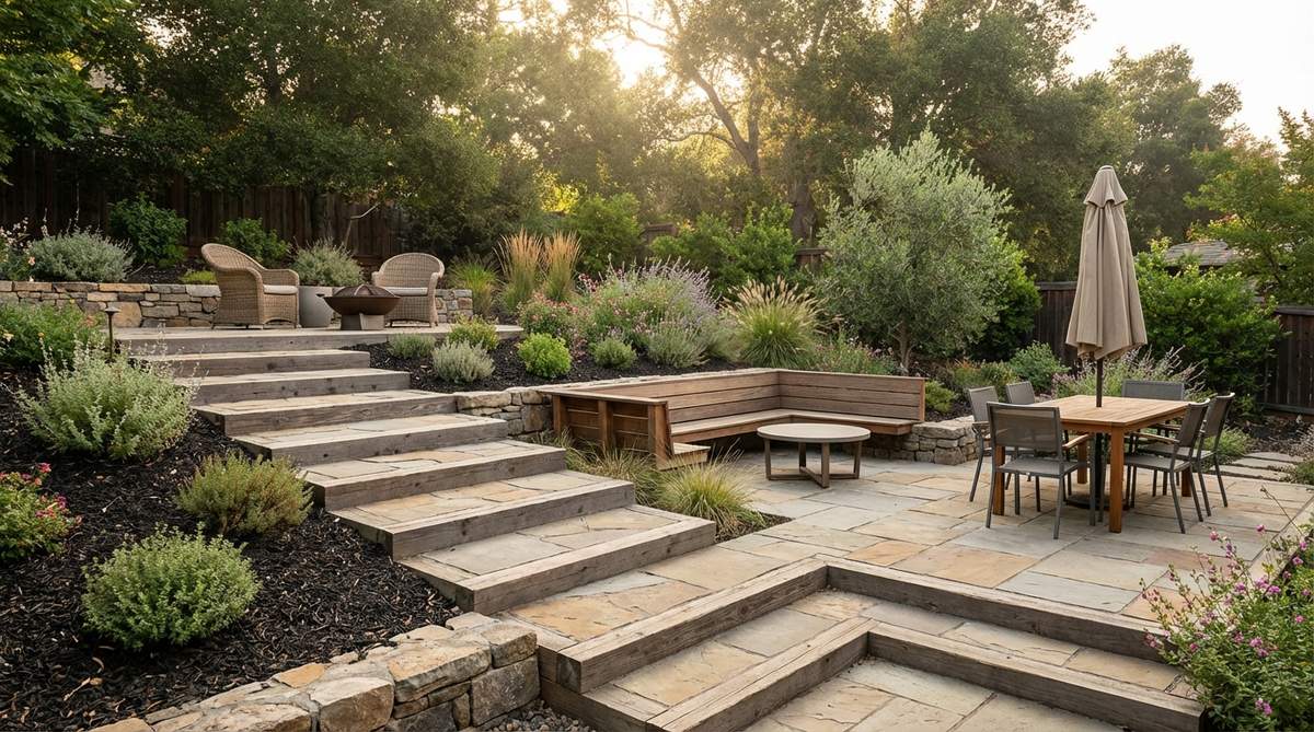 A small garden patio featuring extended steps transformed into terraced seating zones, with furniture placed on different levels to create three-dimensional interest in a sloped yard.