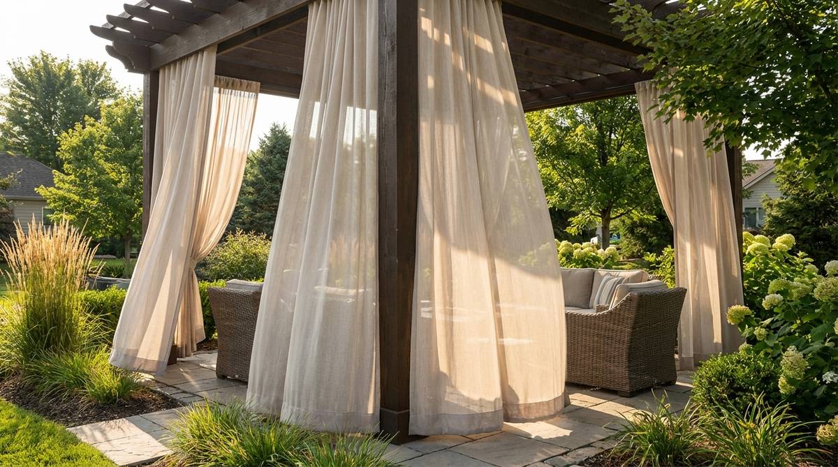 Outdoor-rated fabric curtain panels hanging from pergola beams, providing adjustable shade and privacy with billowing movement. Sheer fabrics filter light, and weighted hems prevent wind damage, in neutral tones to complement garden furniture.
