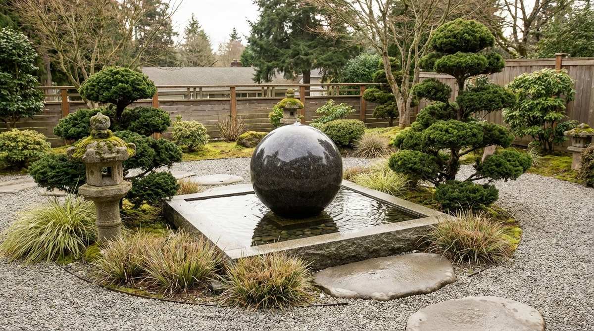 A smooth granite or concrete sphere positioned in a shallow basin, with water flowing over its polished surface, creating a gentle focal point in a minimalist Japanese-inspired garden with gravel pathways and sculptural plantings.