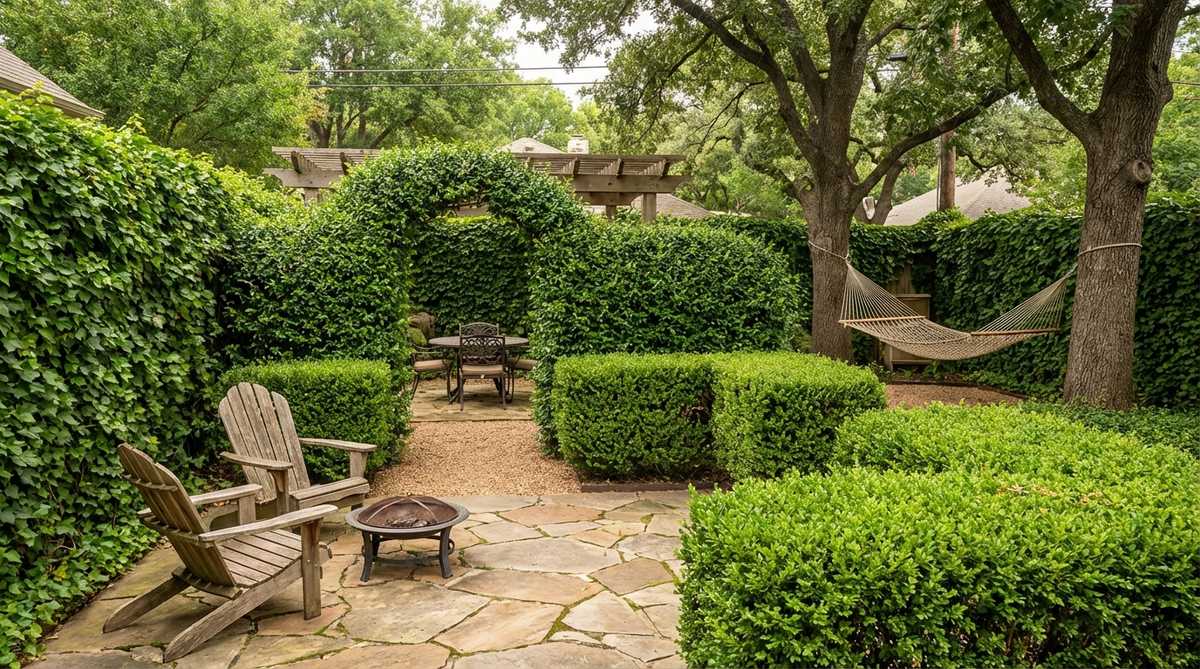 A serene garden room concept featuring living walls or hedges that divide outdoor space into intimate retreats, ideal for relaxing with chairs, a hammock, or dining set, creating a sequence of discoveries in a suburban setting.