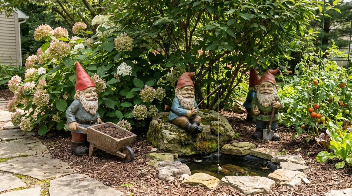 A group of traditional garden gnome statues with pointed hats, performing tasks like wheelbarrowing or fishing. Hand-painted details and varied poses create character-driven vignettes, perfect for vegetable gardens or beneath shrubs. Made from durable resin to withstand weather, these 10-14 inch figures appeal to all ages and maintain cottage garden tradition.