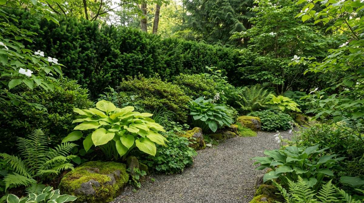 A minimalist garden scene showcasing green-on-green layering technique with multiple shades of foliage. Chartreuse hostas contrast with dark evergreen shrubs, creating depth through tonal unity. Texture variation from different leaf sizes and shapes prevents monotony in this shaded garden setting where flowers bloom sparsely.