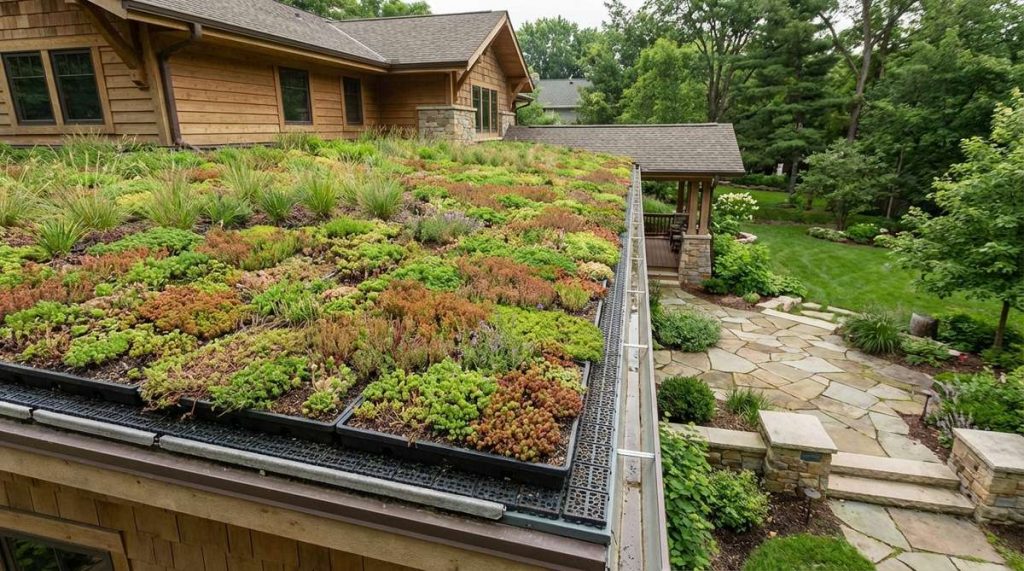 A green roof installation featuring shallow-rooted sedums and native plants colonizing a roof surface, illustrating modular systems that reduce stormwater runoff and insulate buildings, connecting architecture with surrounding landscapes for a garden aesthetic.