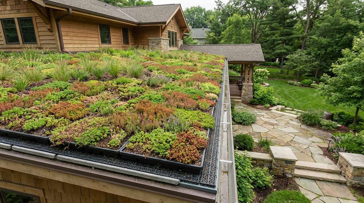 A green roof installation featuring shallow-rooted sedums and native plants colonizing a roof surface, illustrating modular systems that reduce stormwater runoff and insulate buildings, connecting architecture with surrounding landscapes for a garden aesthetic.