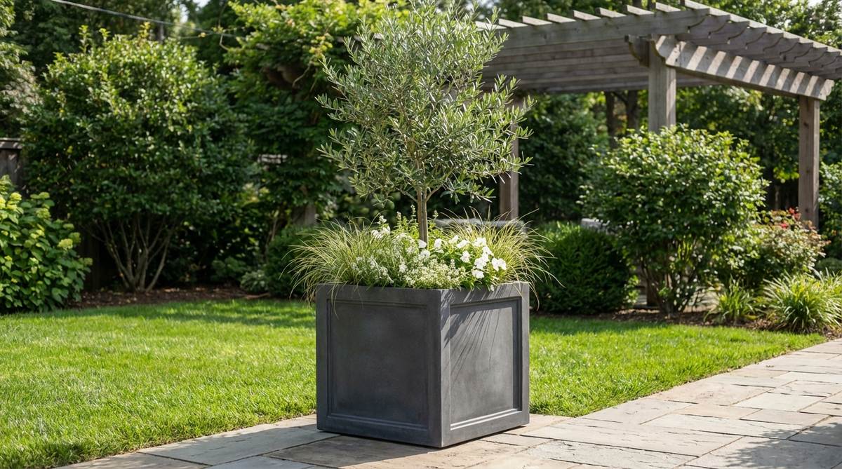 A large outdoor planter measuring 48 inches square or 50 inches in diameter, ideal for planting small trees like palms or fruit trees to anchor and shade outdoor spaces.