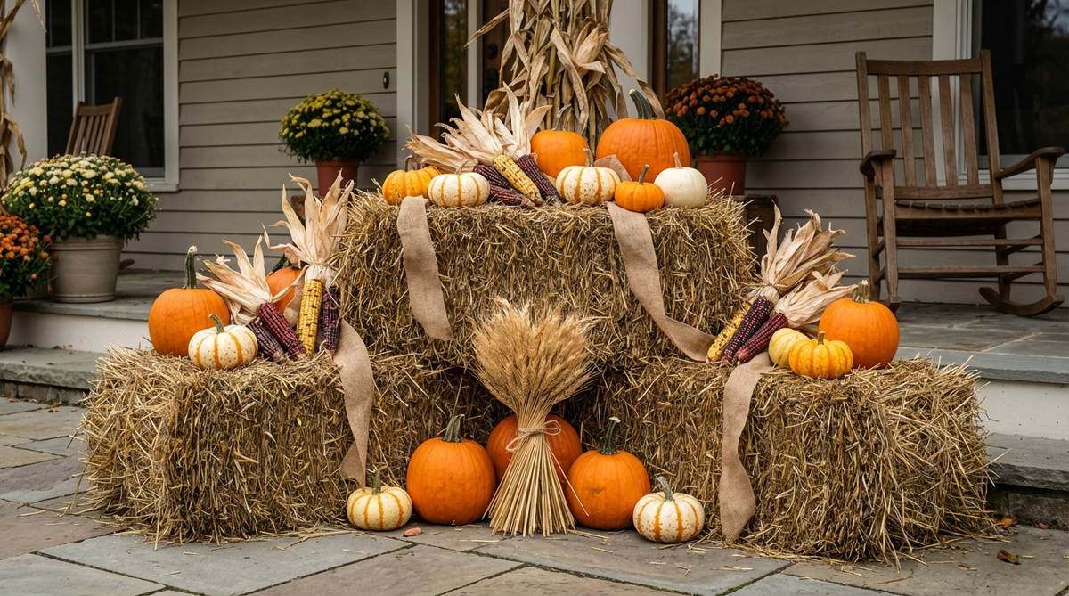 A rustic fall decor arrangement featuring stacked hay bales in staggered formation, topped with clusters of pumpkins in various sizes, accented with dried corn stalks, wheat bundles, and burlap ribbons. This elevated display creates dimensional interest and improves visibility on flat porch surfaces.