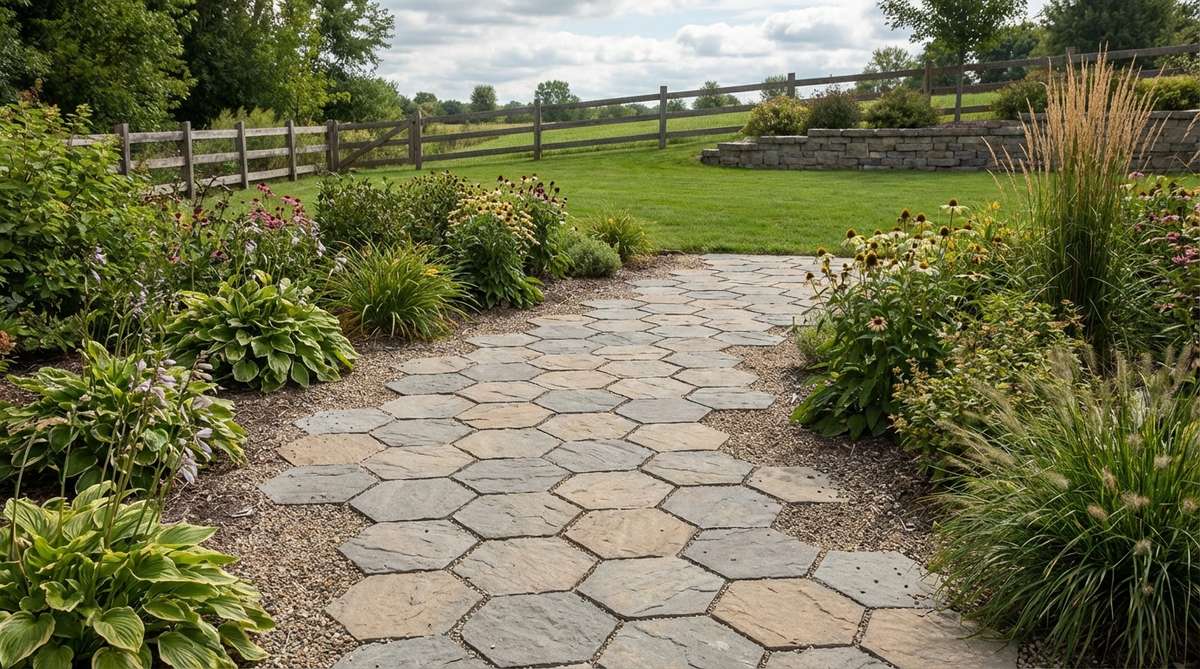 A geometric honeycomb pattern formed by six-sided stone tiles, ideal for creating modern and efficient garden paths with minimal gaps and organic geometry.