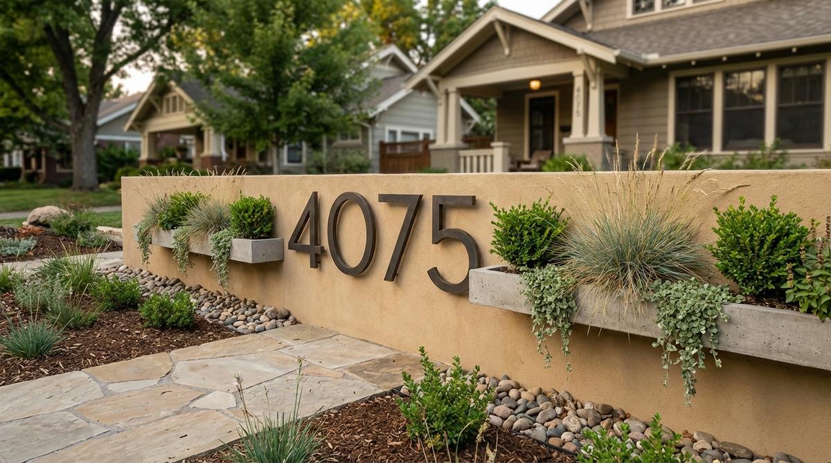 An artistic front garden display featuring oversized house numbers mounted on a wall with narrow flanking planters. The vertical arrangement combines functional address identification with living greenery, using bold fonts for visibility and integrated planters to soften the hardscape materials.