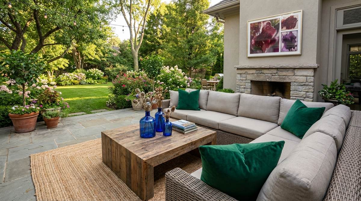 A boho-style living room featuring jewel tone accent pops with emerald velvet throw pillows on a neutral sofa, cobalt blue glass vases on a wooden coffee table, and artwork with deep ruby and amethyst tones on the wall. The rich colors provide luxurious contrast against the neutral base decor, creating sophisticated drama in the bohemian space.