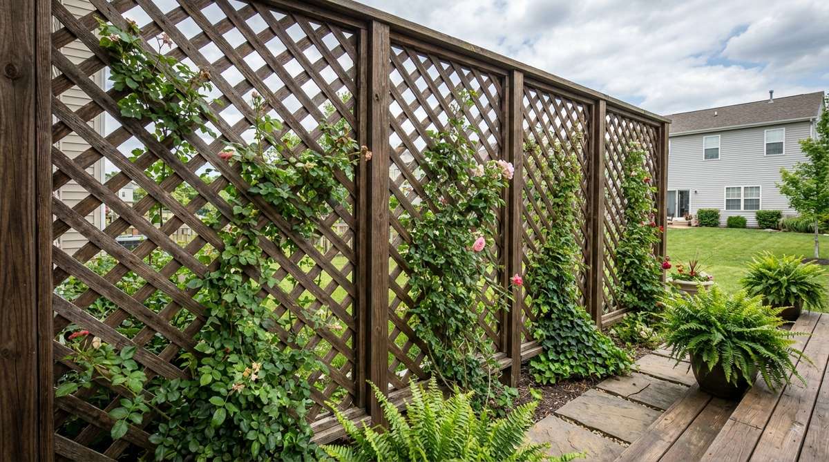 Wood or vinyl lattice panels mounted vertically in freestanding frames or attached to railings, featuring diagonal or square grid patterns suitable for various architectural styles. Painted or stained wooden lattice coordinates with existing trim, while the grid structure supports climbing plants to create living privacy screens. This semi-opaque solution balances privacy with preserved light transmission, ideal for ground-floor balconies.