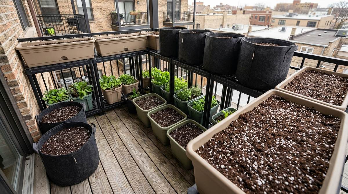 A lightweight elevated garden setup on an urban balcony, featuring plastic containers and fabric grow bags filled with synthetic soil mixes. The design uses resin and fiberglass containers instead of heavier ceramic or concrete options, with soilless potting mix containing perlite and peat. This safety-focused layout minimizes structural load to address weight restrictions in older buildings, making balcony gardening accessible in urban environments with strict limits.