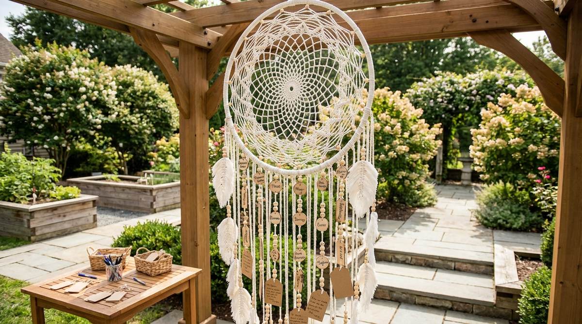 A large macrame dreamcatcher serving as a unique guest book alternative for boho weddings, with guests signing wooden beads, tags, or small cards attached to the piece. This collaborative artwork transforms into meaningful home decor, perfect for hanging in bedrooms or living spaces after the wedding.